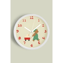 Ayı İle Ördek Arkadaşlığı Çocuk Odası Duvar Saati - 35cm - Önü Camlı Beyaz Kasa - Sessiz Mekanizma Beyaz