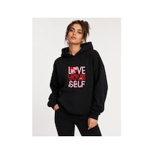 Herkesemoda Love Your Self Baskılı Kapüşonlu 2 İplik Şardonlu Sweatshirt Siyah