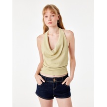Koton Slim Fit Bürümcük Kumaş Boyundan Bağlamalı Kolsuz Halter Yaka Bluz Haki 6sal30323ık