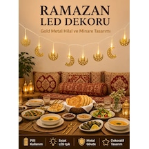 Minareli Hilal Led Işık Gold Metal Gövdeli Pilli Ramazan Dekoru Renkli 99393108