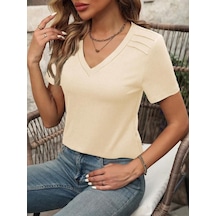 Modaserdem Kadın Kollu V Yakalı Omuzlarda Çizgi Detaylı Viskon Bluz Bej