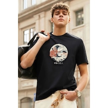 Unisex Kanagawa Oki Nami Ura Baskılı T-shirt Siyah