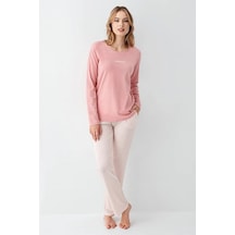 Arnetta Modal Pamuk Uzun Kol Sıfır Yaka Patlı Bayan Pijama Takım Pembe