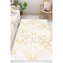 Art Deco Geometrik Çizgili Gold Krem Dijital Baskılı Yıkanabilir Kaymaz Taban Salon Halısı Yolluk Bej