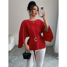 Kadın Uzun Kollu Yuvarlak Yakalı Yarasa Kollu Belden Kuşaklı Atlas Bluz Kırmızı