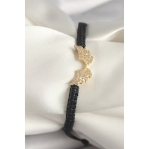 Pirinç Gold Renk Zirkon Taşlı Kanat Figür Asansörlü Makrome Model Kadın Bileklik Siyah