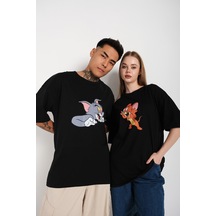 Flood Of Style Siyah Unisex Ikili Tom Ve Jery Baskılı Oversize T-shirt