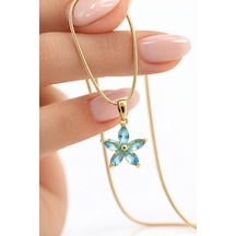 Mavi Taşlı Lotus Çiçeği Kolye Çelik Gold, Mavi