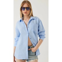 Thiffgymwear Kadın Oversize Basic Cepli Müslin Gömlek Mavi
