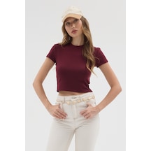 Urbantrendstore Kadın Bisiklet Yaka Likralı Kısa Kol Body Crop Bluz Günlük Şık Sade Yazlık Casual Crop Kadın Crop Bordo
