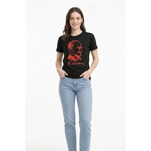Atatürk Baskılı Tişört Kısa Kollu Bisiklet Yaka T-shirt - Siyah
