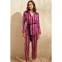 Ang Butik Kadın Saten Çizgili Düğmeli Uzun Kol Dantelli Gömlek Ve Pantolon Pijama Takım 9765 Bordo