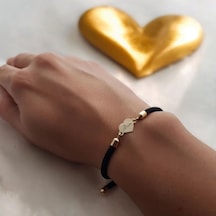 Archin Buse İsmine Özel 14 Ayar Altın Plakalı Siyah Örgü İpli Kalp Figürlü Hediye Bileklik-475isim Buse
