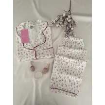 Mh Moony Homewears Trendys Gül Kurusu Özel Dokulu Düğmeli Pijama Takımı Krem