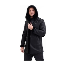 M M Marki Marki Hakiki Deri Erkek Kaban Siyah İçi Kürklü Çıkma Kapüşonlu Düğmeli 85 Cm - 507622