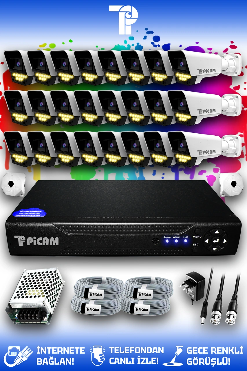 Picam 24 Kameralı Süper 24 Dış Kamera Set HDD'siz 5 MP 2K Net Renkli Gece Görüşlü Güvenlik Kamerası Sistemi