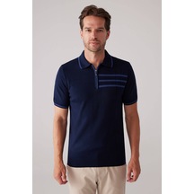 Erkek Lacivert Slim Fit Hafif Çizgili Fermuarlı Polo Yaka Tişört
