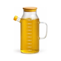 Bambu Kapaklı Çizgili Cam Yağlık 1000 Ml, Kulplu Yağdanlık, Kapaklı Dökme Ağızlı Şeffaf Zeytinyağı Ve Sıvı Yağ Şişesi, 1 Litre