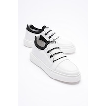 Erkek Hakiki Deri Lastik Detaylı Streçli Sneaker Beyaz Enzo Beyaz