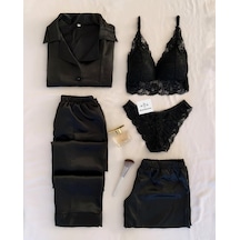 Mh Moony Homewears Black Opium 5'li Saten Pijama Iç Giyim Çeyiz Seti Siyah