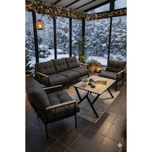 Ard & Garden Miray 311 Masalı Antrasit Fermuarlı Bahçe Balkon Takımı, Salon, Teras- Berjer Düğmeli Metal Çay Seti Antrasit