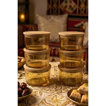 Vetro - 6'lı Bambu Kapaklı Cam Kahvaltılık Kase 220 Cc Sarı Gold Rim