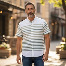 Slim Fit Pamuklu Çizgili Pano Desen Kısa Kollu Gömlek Slim Fit Kalıp Yeşil