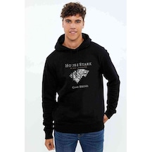 G O T House Stark Baskılı Siyah Erkek Örme Kapşonlu Sweatshirt