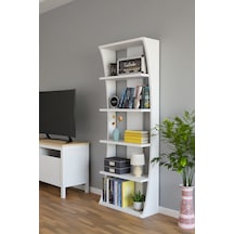 İskandinav Tasarım Çok Raflı Kitaplık 150x50x22 Cm Modern Dekoratif Raf Ünitesi Beyaz