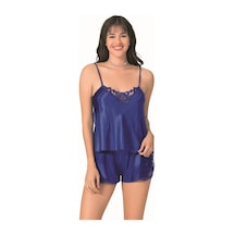 Veraura Lifestyle Kadın Şık Tasarım Yumuşak Dokulu Dantel İşlemeli Saks Saten Babydoll Şort Takımı