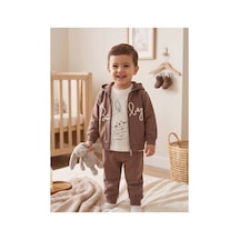 Deniva Kids Erkek Bebek Kulaklı Kapüşonlu Fermuarlı Hırka Tavşan Baskılı Sweatshirt Ve Eşofman Altı 3'lü Takım Kahverengi