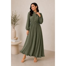 Hira Life Fashion Kadın Çilek Kumaş Ve Önü Düğmeli Eteği Fırfırlı Hakim Yaka Elbise Haki Haki
