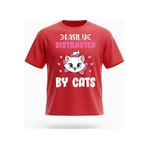 Urbantrendstore Kedili Tişört Kedi Baskılı Yarım Oversize Pamuklu Biskilet Ve Yuvarlak Yaka Tişört Tshirt Kırmızı