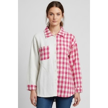 Kadın Pembe Oversize Fit Ekoseli Desenli Uzun Kollu %100 Pamuk Gömlek, Ceket, Kadın Oduncu Gömlek Pembe