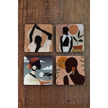 Doğal Taş Bardak Altlığı 4'lü Set - Kadın Figürleri Desenli - Stone Coasters Çok Renkli
