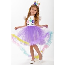 Unicorn Leylak Kuyruk Detaylı Gökkuşağı Taçlı Kız Çocuk Parti Elb