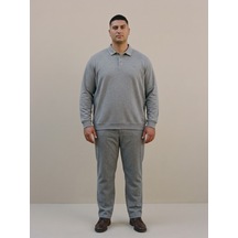 Maccali Erkek Gri Melanj Büyük Beden Polo Yaka Battal Sweatshirt