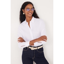 Tudors Kadın Slim Fit Dar Kesim Uzun Kollu Pamuklu Vücuda Oturan Dokulu Beyaz Basic Gömlek-35317 Beyaz