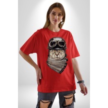 Kasket Bandana Motorcu Kedi Pamuklu Bisiklet Yaka Unisex Oversize Boyfriend Dijital Baskılı Kırmızı T-shirt Kırmızı