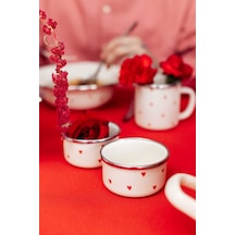 Cupid Emaye 4 Lü Kapaklı Kase Çerezlik, Kahvaltılık, Reçellik, Zeytinlik, Sunumluk Seti 8cm 200 Ml Krem - Kırmızı