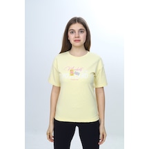 Toontoy Kids Toontoy Kız Çocuk Bisiklet Yaka Düşük Omuz Kısa Kollu Baskılı Tişört 24971 Açık Sarı