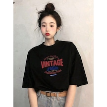 Vintage College T-shirt - Siyah Baskılı Oversize Bisiklet Yaka Kısa Kol Siyah
