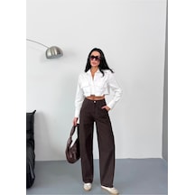 Kadın Kahverengi Skater Fit Yüksek Bel Geniş Paça Kot Pantolon Kahverengi