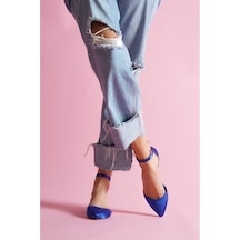 Misty Saks Saten 2 Cm Topuklu Bilekten Bantlı Sivri Burun Günlük Babet Saks