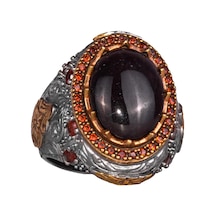 Erkekler İçin 925 Ayar Gümüş Yüzük - Doğal Yıldız Granat Taşı İle El Yapımı Vintage Tasarım, Ayrıntılı Kırmızı Taş Vurguları İle Gümüş