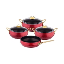 Özkent 7 Paçra Granit Güveç Tencere Seti Altın Kulp Kırmızı K-599