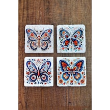 Doğal Taş Bardak Altlığı 4'lü Set 10x10x1 Cm Renkli Kelebek Desenler -stone Coasters Çok Renkli