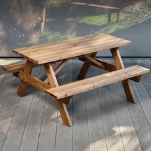 İahşap 6 Kişilik Ticari Tip Fırınlanmış Emprenyeli Ahşap Piknik Masası - 150 Cm Kahverengi