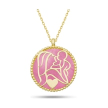 Gumush Gümüş Gold Pembe Sedef Taşlı Anne Çocuk Sevgisi Kolye Altın