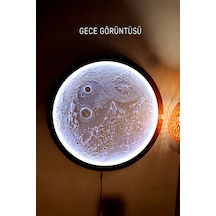 Naturel Ceviz Renk Ahşap Çerçeveli Ay Tablo, Rgb Led Işıklı Bluetooth Kontrollü Duvar Dekoru